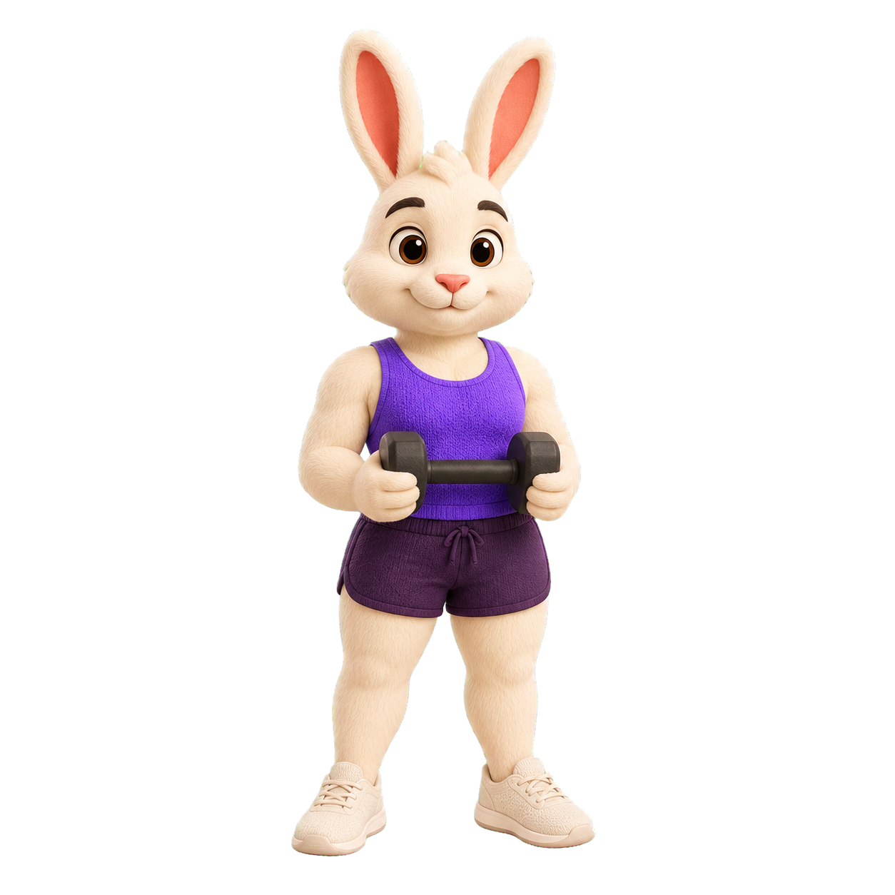 Gym Bunny mascot holding a dumbbell